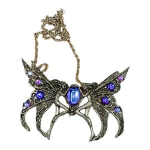 Vintage Fellowship Foundry 1995 Pewter Blue Cabochon Signed Pendant Necklace